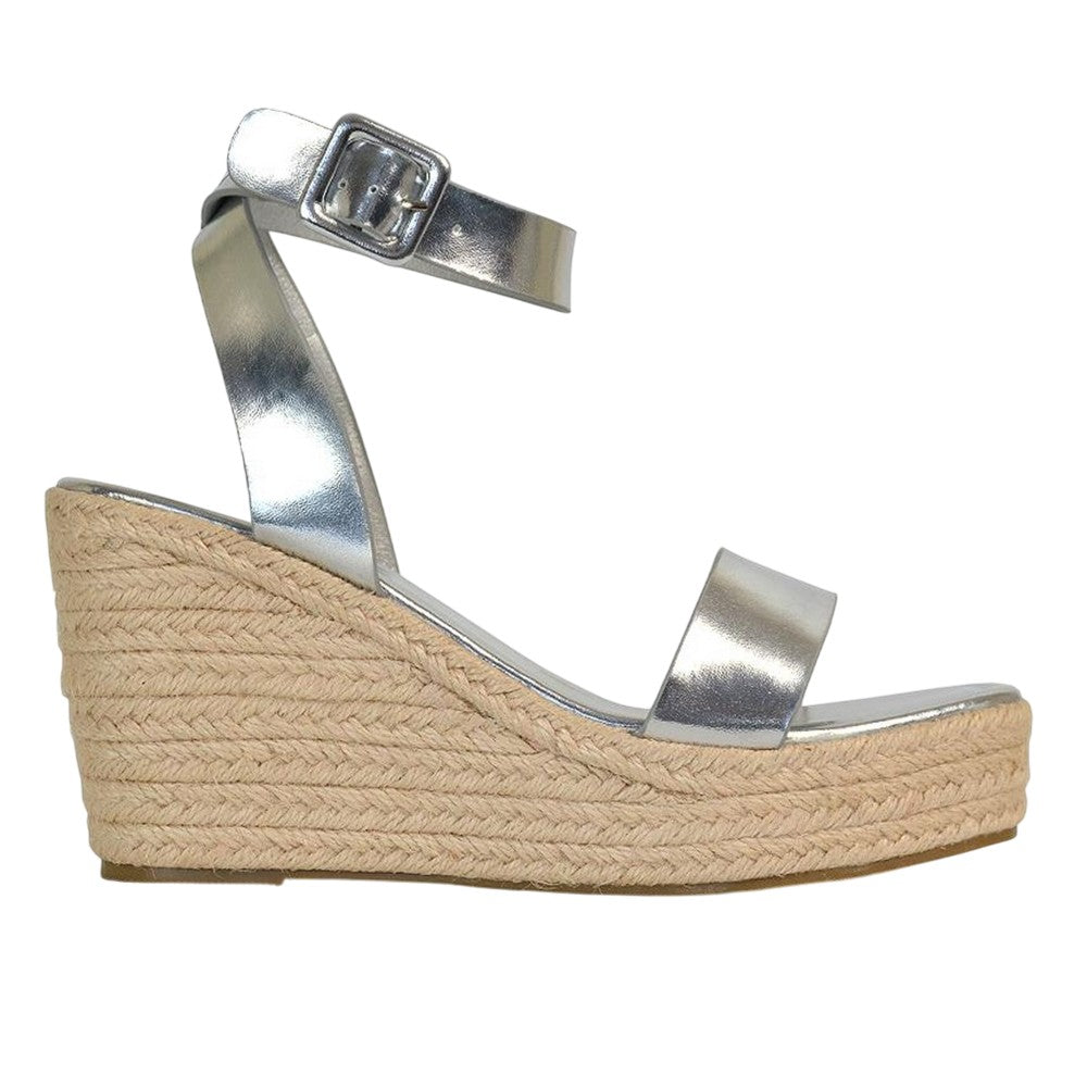 Metallic Silver - Side - XY London Womens-Ladies Linda Woven Metallic Platform Wedge Sandals