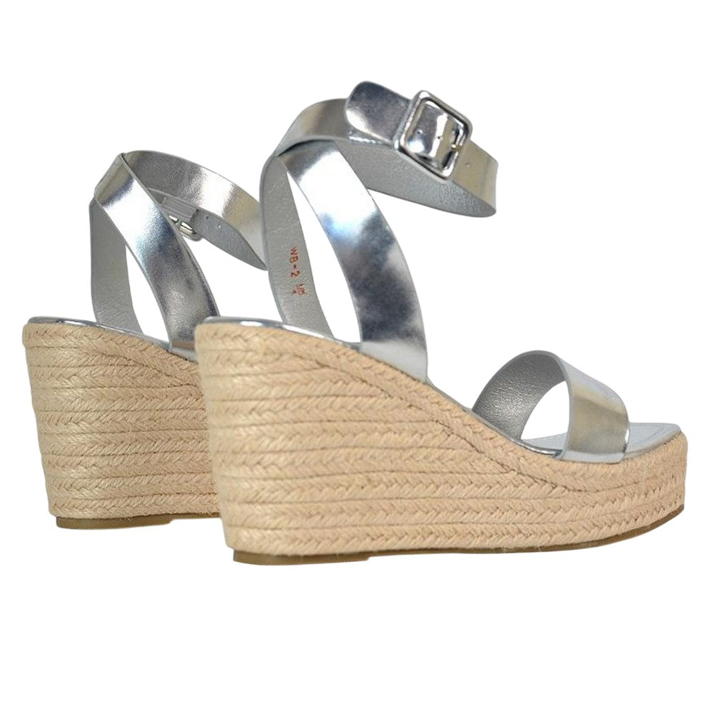 Metallic Silver - Back - XY London Womens-Ladies Linda Woven Metallic Platform Wedge Sandals