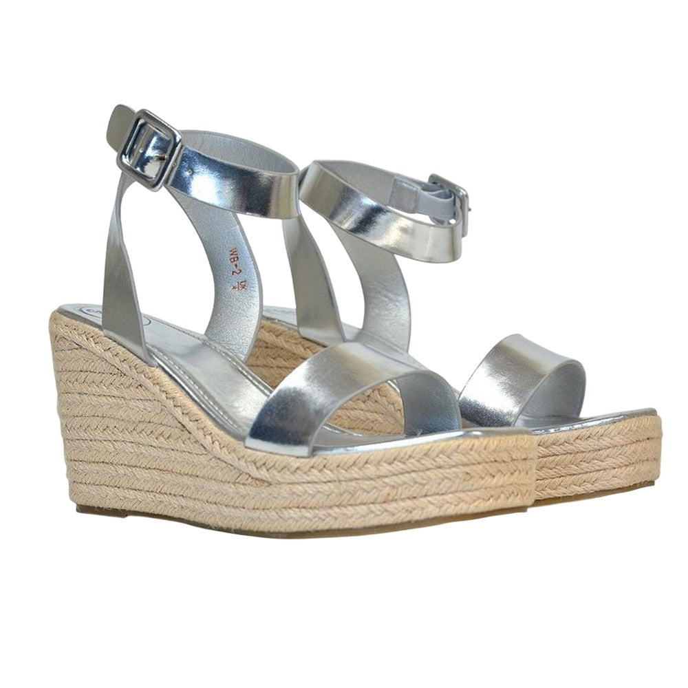 Metallic Silver - Front - XY London Womens-Ladies Linda Woven Metallic Platform Wedge Sandals