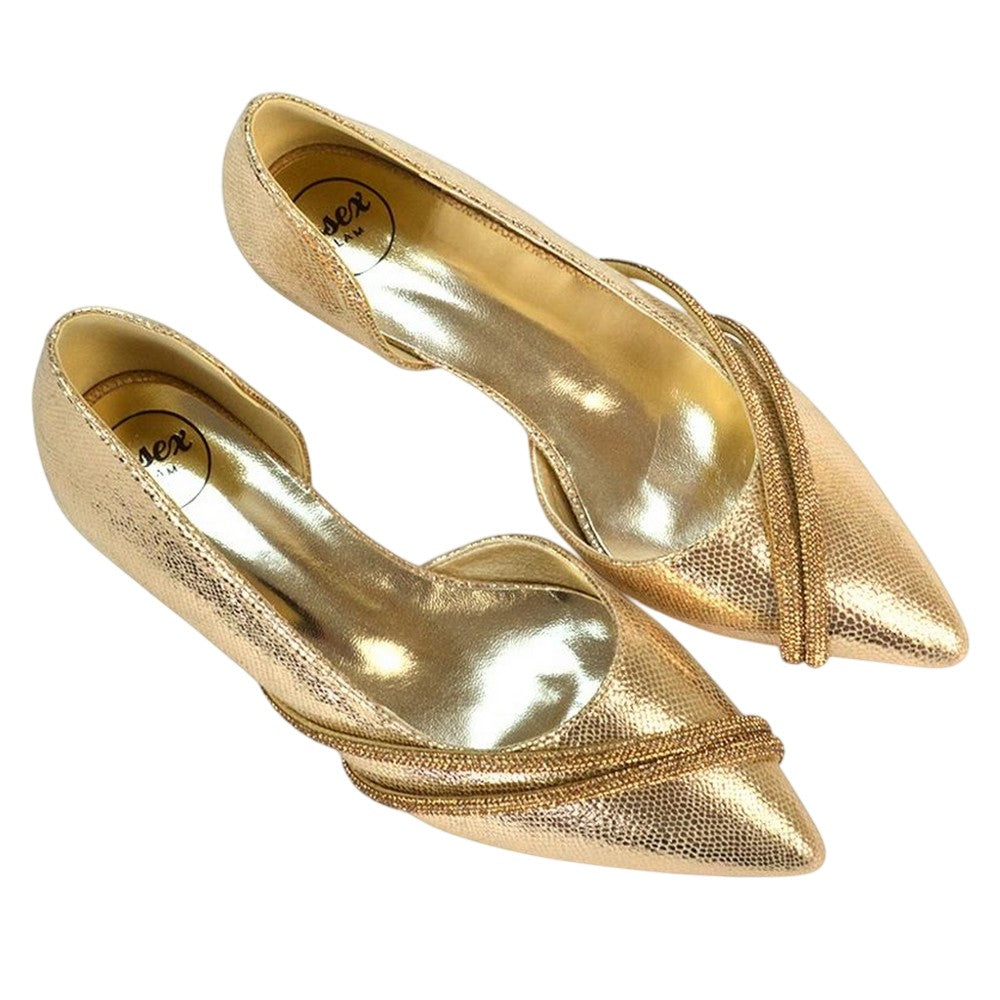 Gold - Pack Shot - XY London Womens-Ladies Kirsty Rhinestone Kitten Heel Court Pumps