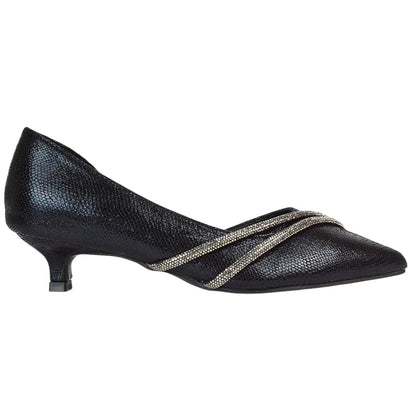 Black - Side - XY London Womens-Ladies Kirsty Rhinestone Kitten Heel Court Pumps