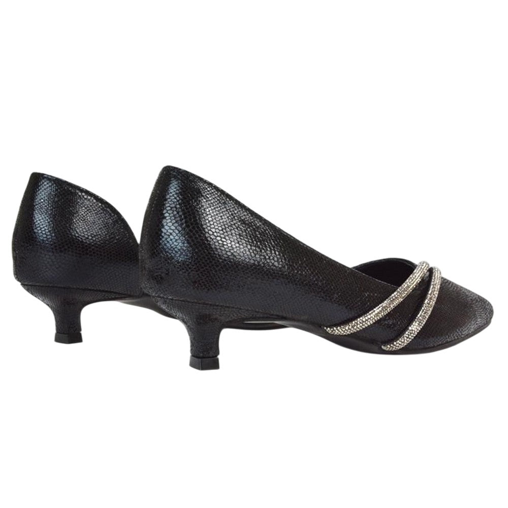 Black - Back - XY London Womens-Ladies Kirsty Rhinestone Kitten Heel Court Pumps