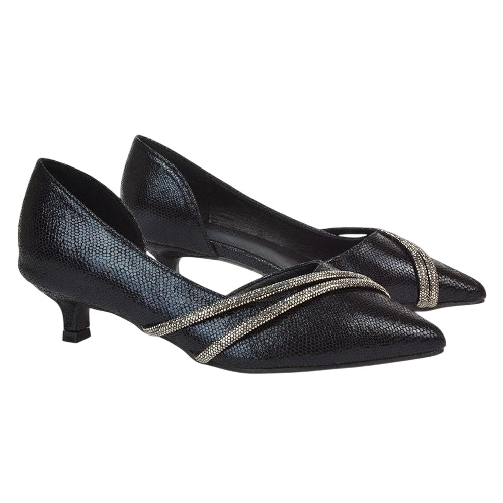 Black - Pack Shot - XY London Womens-Ladies Kirsty Rhinestone Kitten Heel Court Pumps