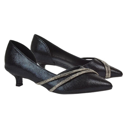 Black - Pack Shot - XY London Womens-Ladies Kirsty Rhinestone Kitten Heel Court Pumps
