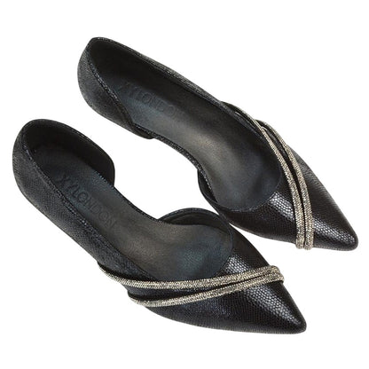 Black - Close up - XY London Womens-Ladies Kirsty Rhinestone Kitten Heel Court Pumps