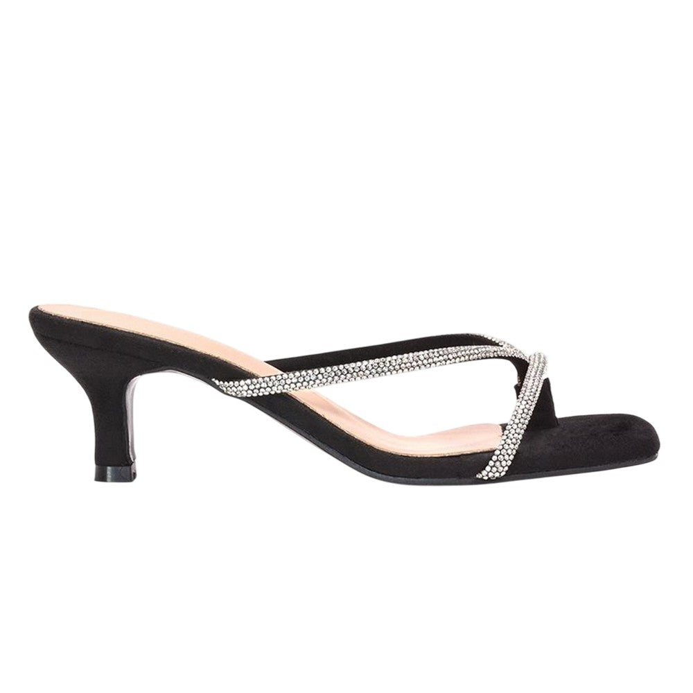 Jet Black - Side - XY London Womens-Ladies Megan Diamante Slip-on Kitten Heel Mules