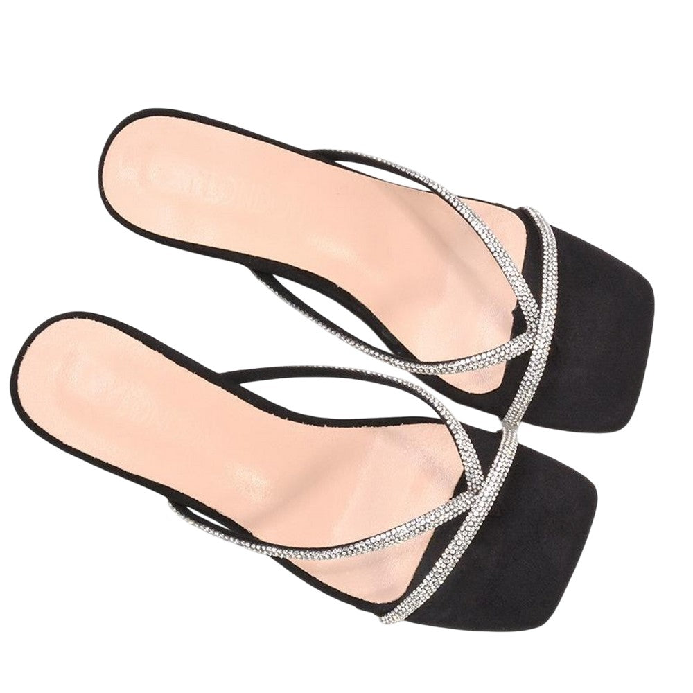 Jet Black - Close up - XY London Womens-Ladies Megan Diamante Slip-on Kitten Heel Mules