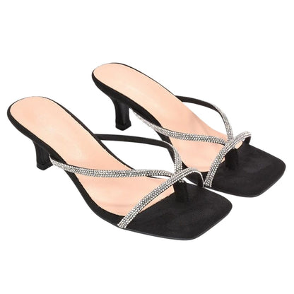 Jet Black - Front - XY London Womens-Ladies Megan Diamante Slip-on Kitten Heel Mules