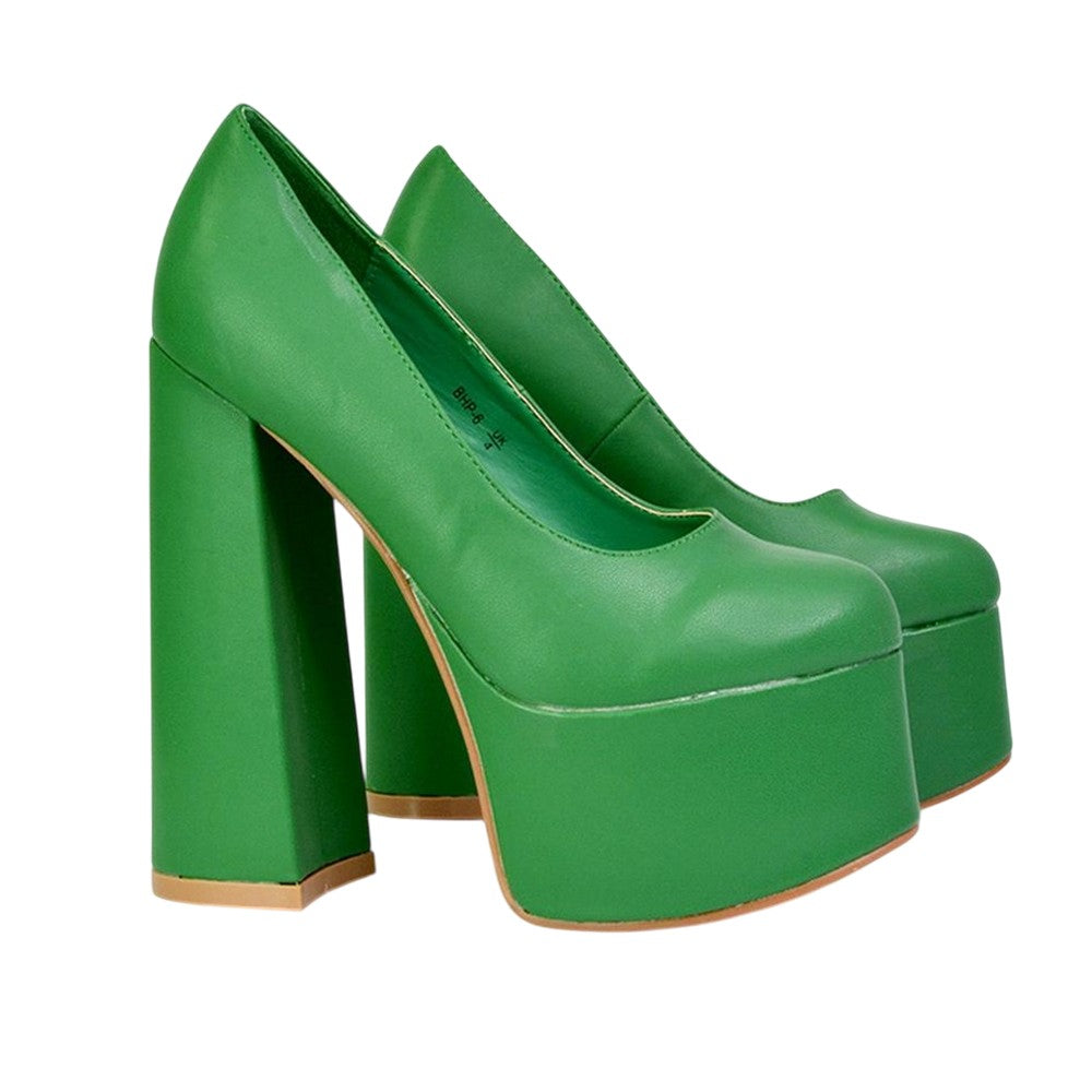 Green - Lifestyle - XY London Womens-Ladies Kiwi Chunky High Heel Court Shoes