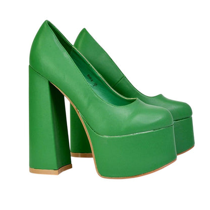 Green - Lifestyle - XY London Womens-Ladies Kiwi Chunky High Heel Court Shoes