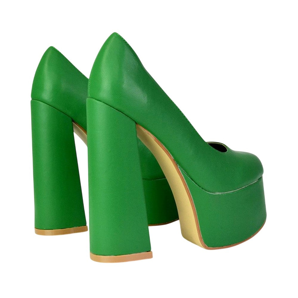 Green - Back - XY London Womens-Ladies Kiwi Chunky High Heel Court Shoes