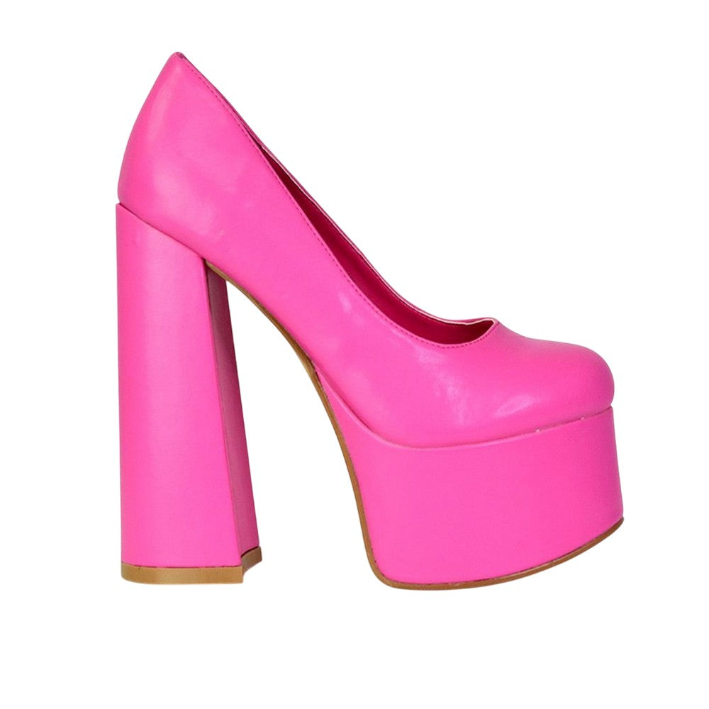 Pink - Side - XY London Womens-Ladies Kiwi Chunky High Heel Court Shoes