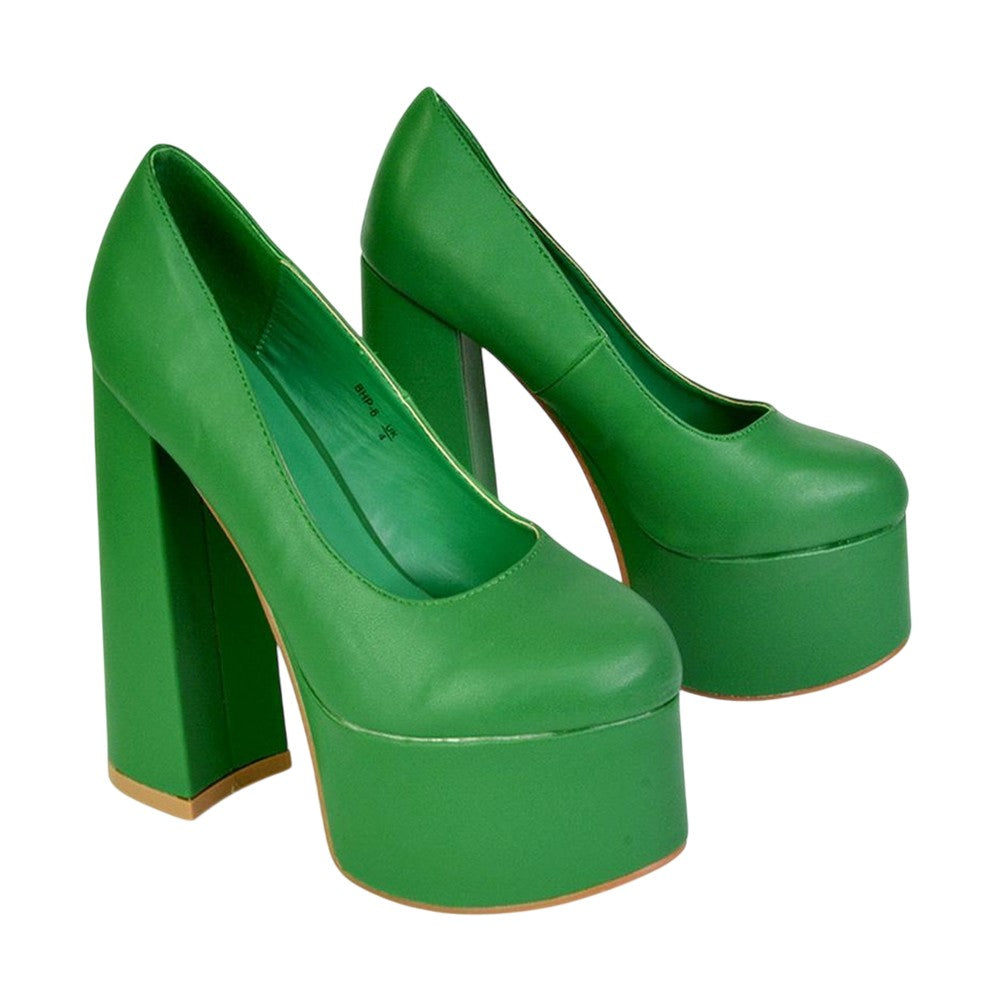 Green - Front - XY London Womens-Ladies Kiwi Chunky High Heel Court Shoes