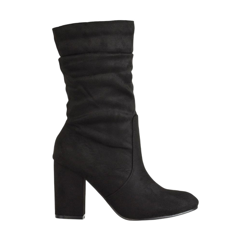 Jet Black - Back - XY London Womens-Ladies Belle Ruched Medium Block Heel Boots