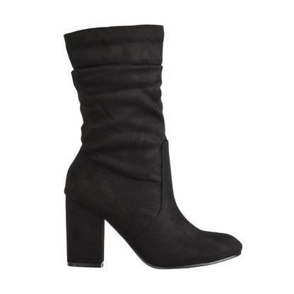 Jet Black - Back - XY London Womens-Ladies Belle Ruched Medium Block Heel Boots