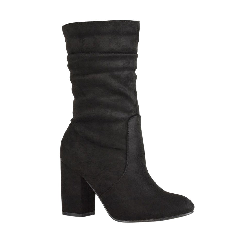 Jet Black - Side - XY London Womens-Ladies Belle Ruched Medium Block Heel Boots