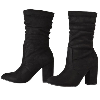 Jet Black - Pack Shot - XY London Womens-Ladies Belle Ruched Medium Block Heel Boots