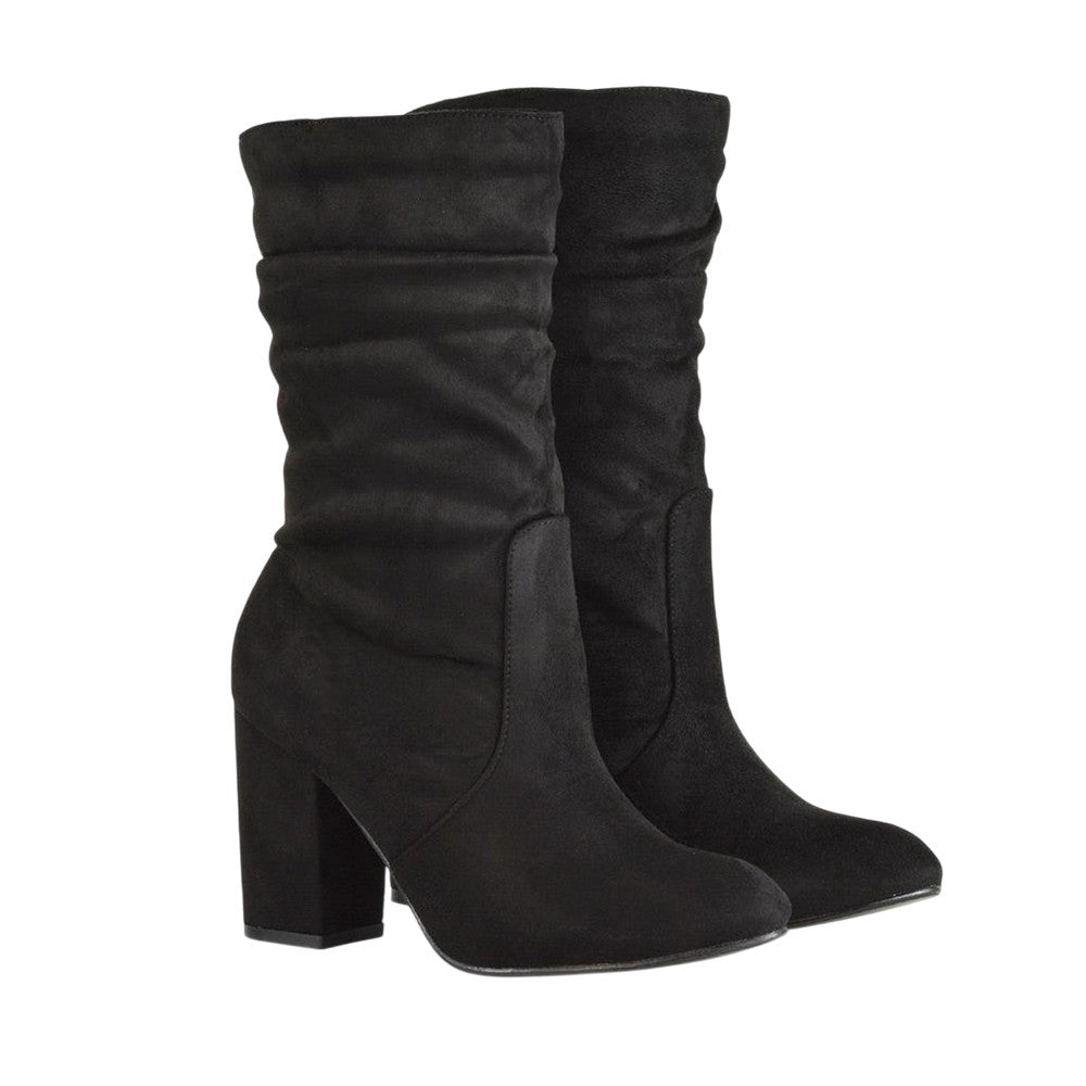 Jet Black - Front - XY London Womens-Ladies Belle Ruched Medium Block Heel Boots
