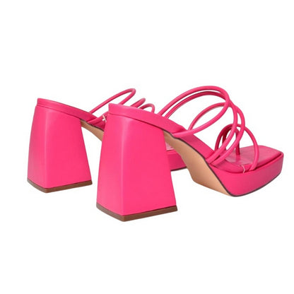 Fuchsia - Back - XY London Womens-Ladies Colt Strappy Square Toe High Block Heel Mule Sandals