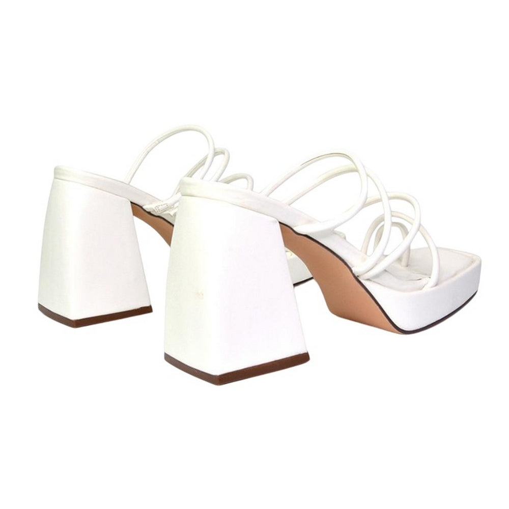 White - Back - XY London Womens-Ladies Colt Strappy Square Toe High Block Heel Mule Sandals