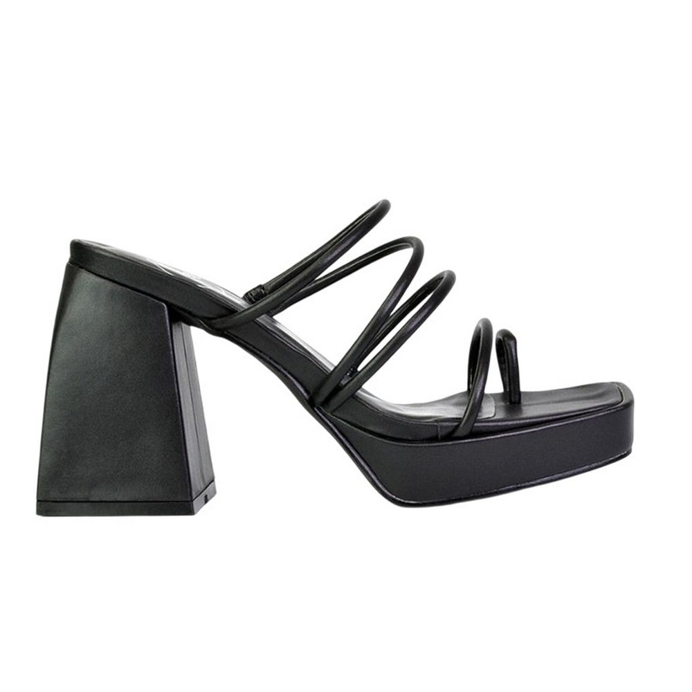 Black - Front - XY London Womens-Ladies Colt Strappy Square Toe High Block Heel Mule Sandals