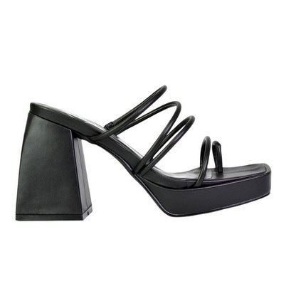 Black - Front - XY London Womens-Ladies Colt Strappy Square Toe High Block Heel Mule Sandals