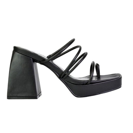 Black - Front - XY London Womens-Ladies Colt Strappy Square Toe High Block Heel Mule Sandals