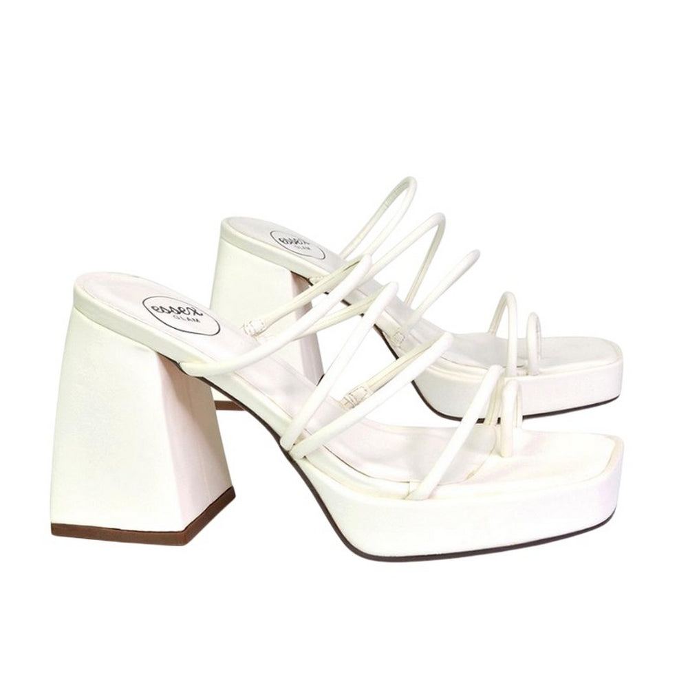 White - Side - XY London Womens-Ladies Colt Strappy Square Toe High Block Heel Mule Sandals