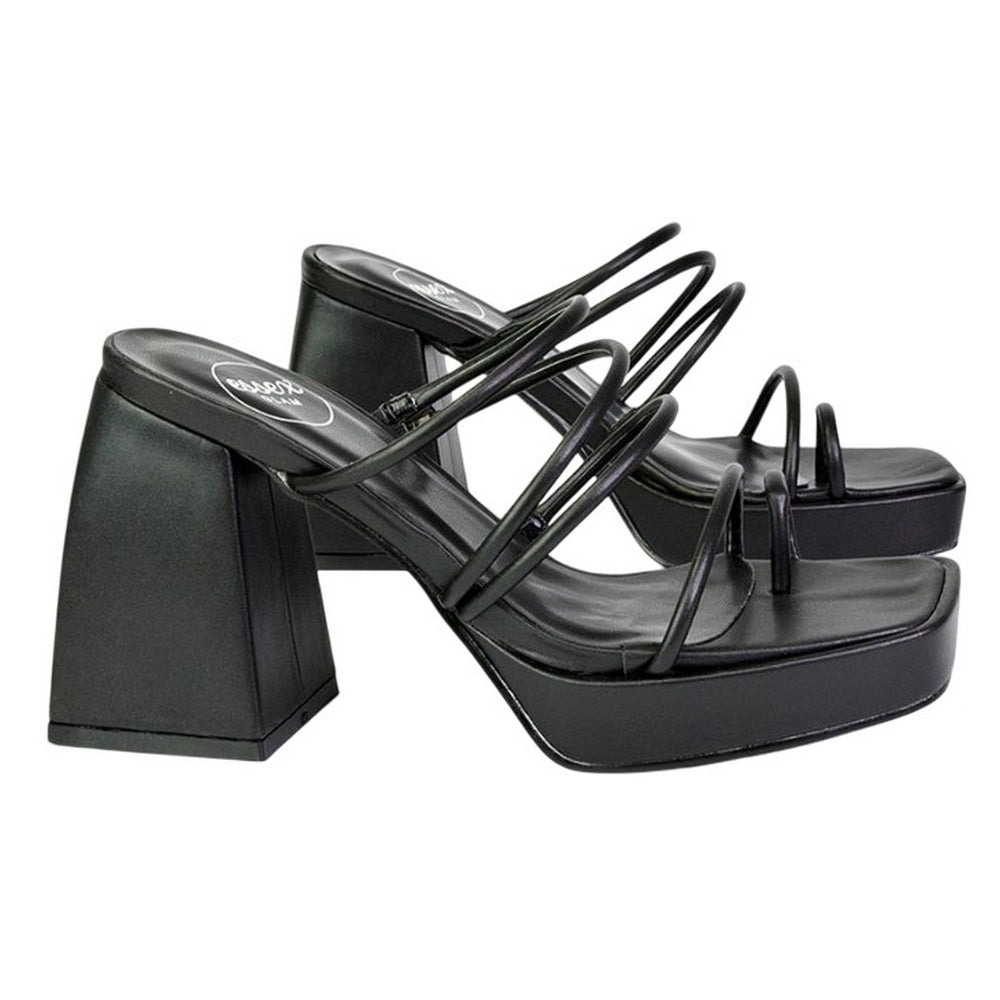 Black - Side - XY London Womens-Ladies Colt Strappy Square Toe High Block Heel Mule Sandals