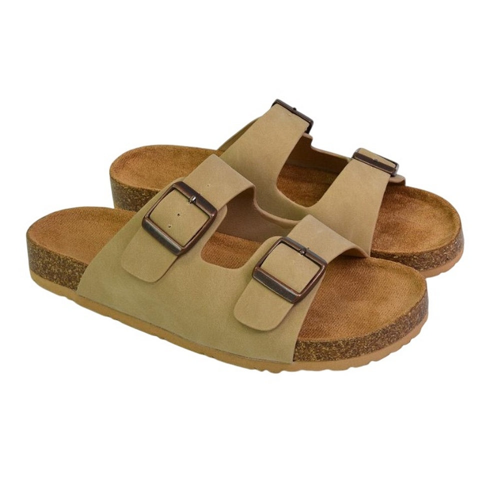 Taupe - Side - XY London Womens-Ladies Star Double Strap Buckle Summer Flat Sandals