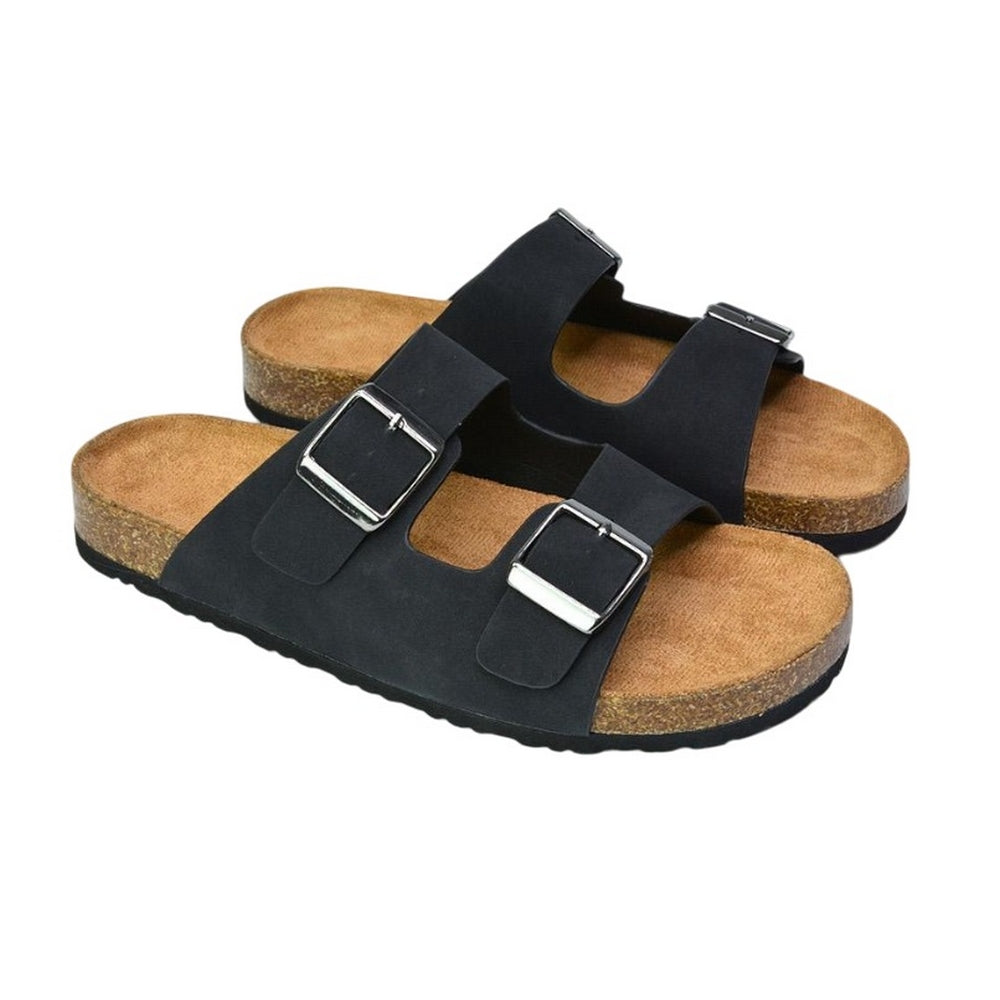 Black - Side - XY London Womens-Ladies Star Double Strap Buckle Summer Flat Sandals