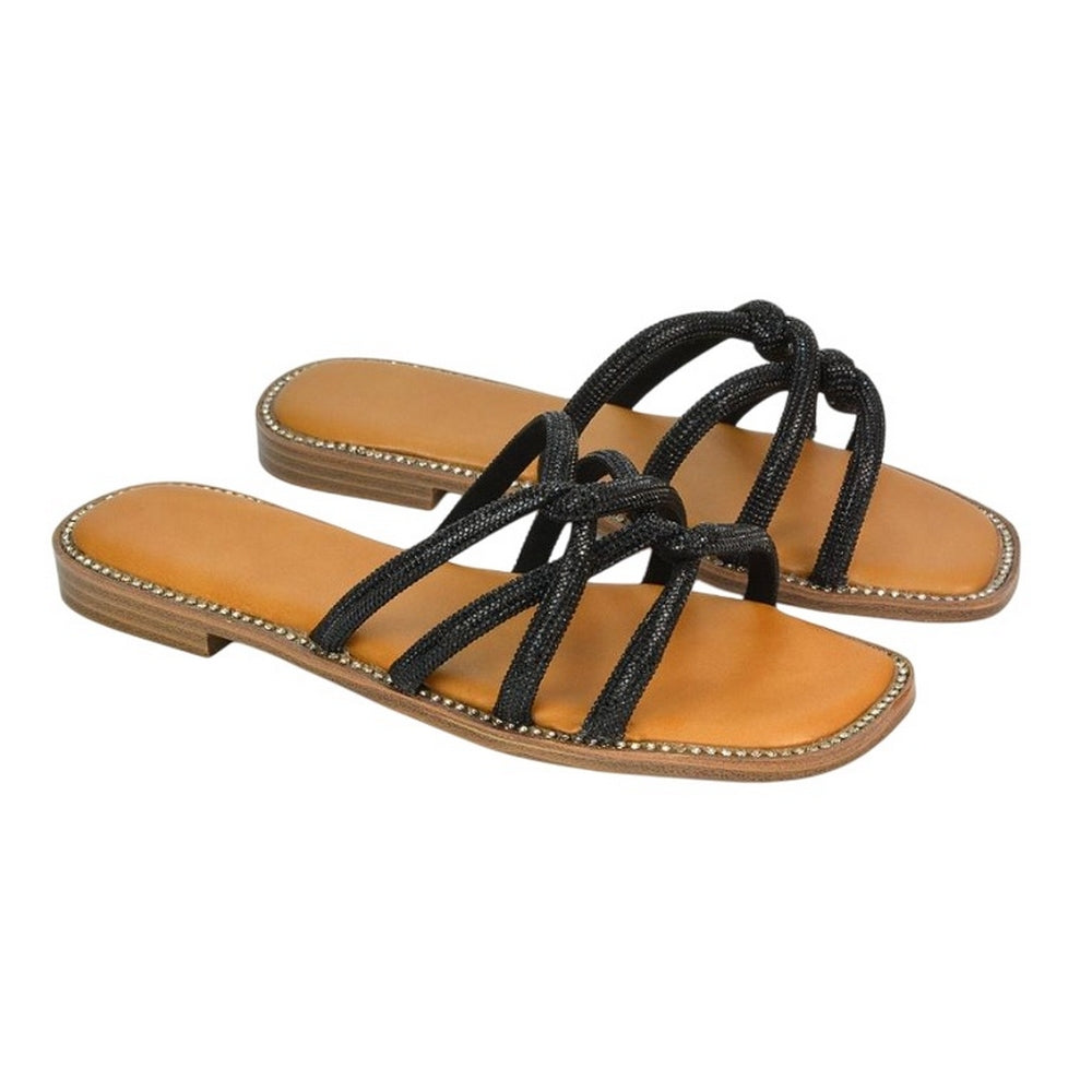 Black - Side - XY London Womens-Ladies Sofia Diamante Trim Square Toe Flat Sliders