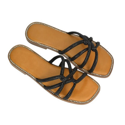 Black - Lifestyle - XY London Womens-Ladies Sofia Diamante Trim Square Toe Flat Sliders