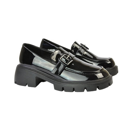 True Black - Side - XY London Womens-Ladies Adelaide Patent Buckle Detail Chunky Platform Loafers