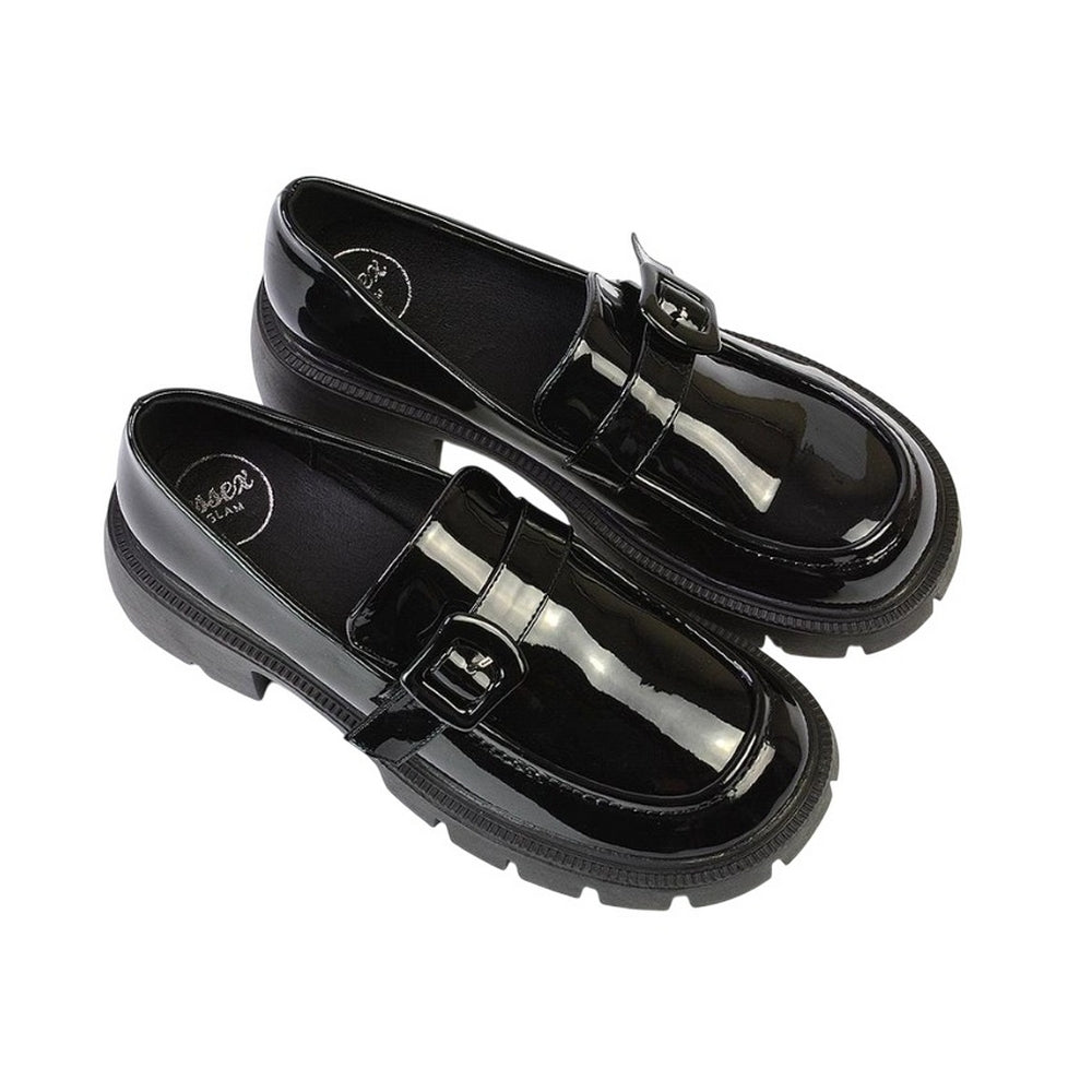 True Black - Lifestyle - XY London Womens-Ladies Adelaide Patent Buckle Detail Chunky Platform Loafers