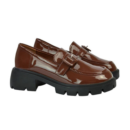 Brown - Side - XY London Womens-Ladies Adelaide Patent Buckle Detail Chunky Platform Loafers