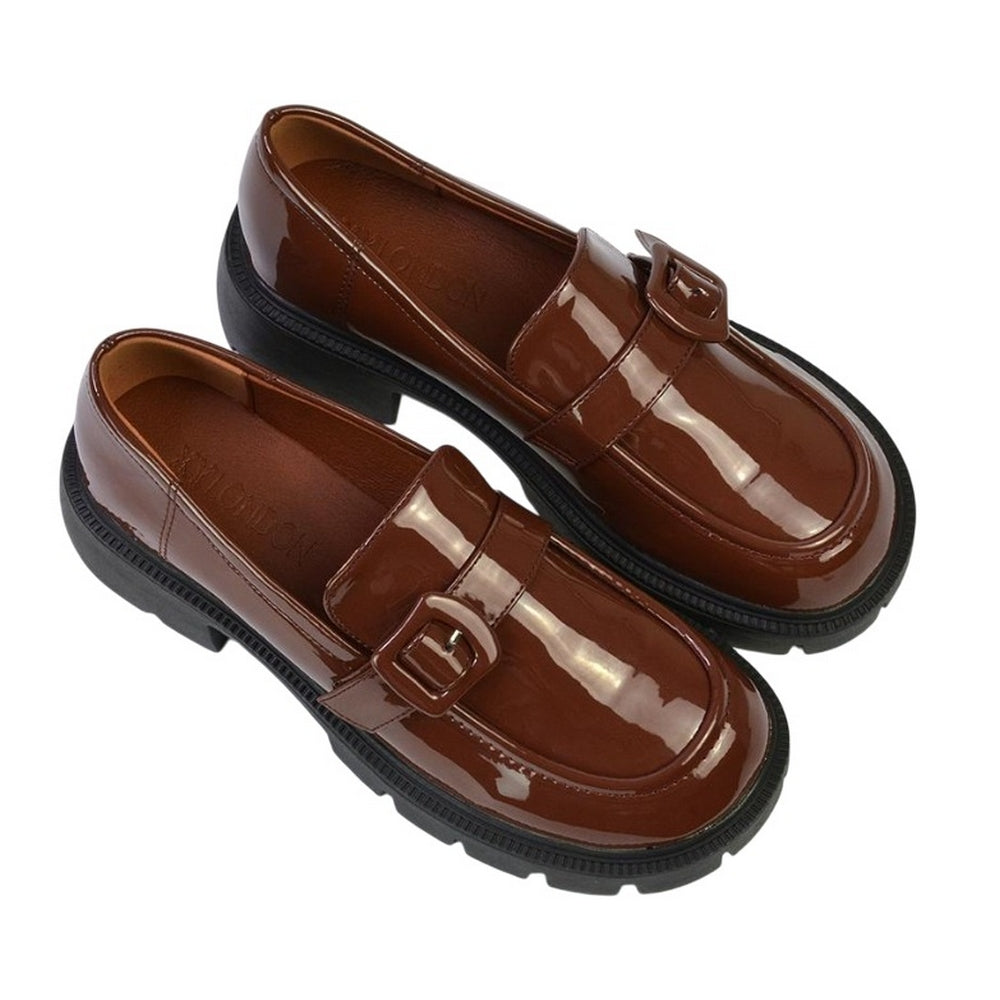 Brown - Pack Shot - XY London Womens-Ladies Adelaide Patent Buckle Detail Chunky Platform Loafers