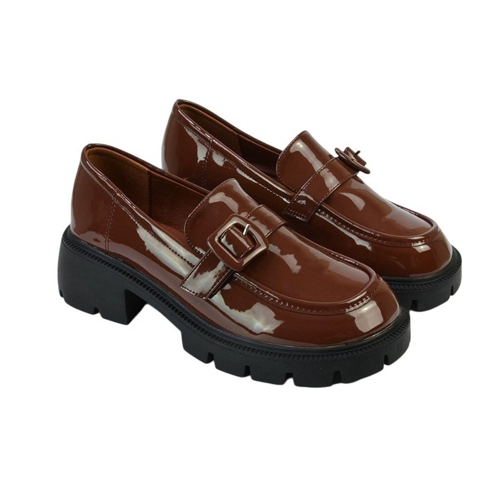 Brown - Lifestyle - XY London Womens-Ladies Adelaide Patent Buckle Detail Chunky Platform Loafers