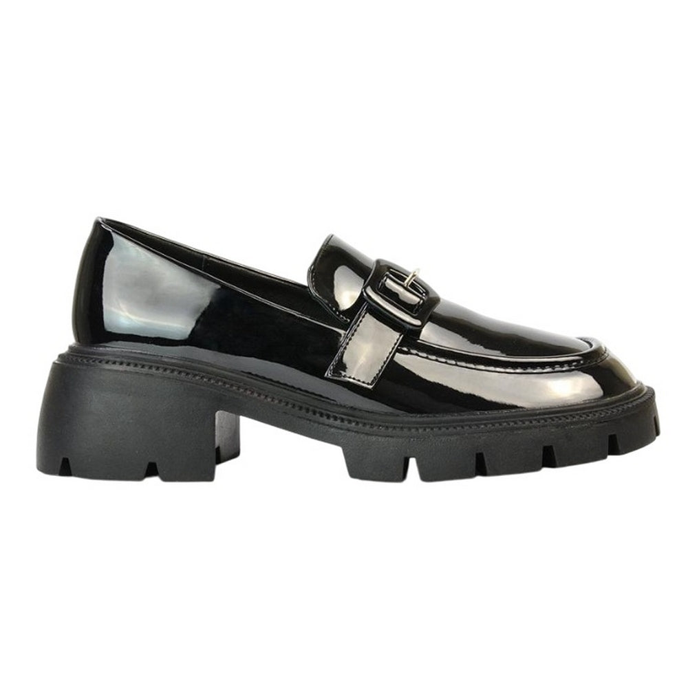 True Black - Front - XY London Womens-Ladies Adelaide Patent Buckle Detail Chunky Platform Loafers