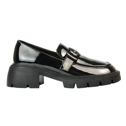 True Black - Front - XY London Womens-Ladies Adelaide Patent Buckle Detail Chunky Platform Loafers