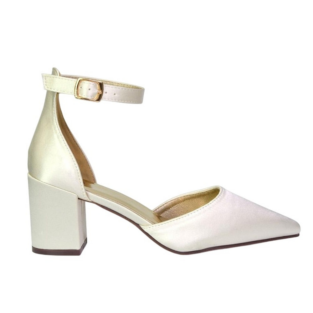 Ivory - Side - XY London Womens-Ladies Bronte Strappy Pointed Medium Block Heel Court Shoes