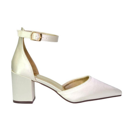 Ivory - Side - XY London Womens-Ladies Bronte Strappy Pointed Medium Block Heel Court Shoes