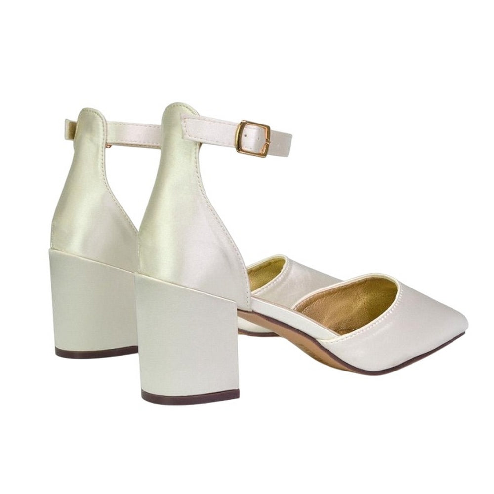 Ivory - Back - XY London Womens-Ladies Bronte Strappy Pointed Medium Block Heel Court Shoes