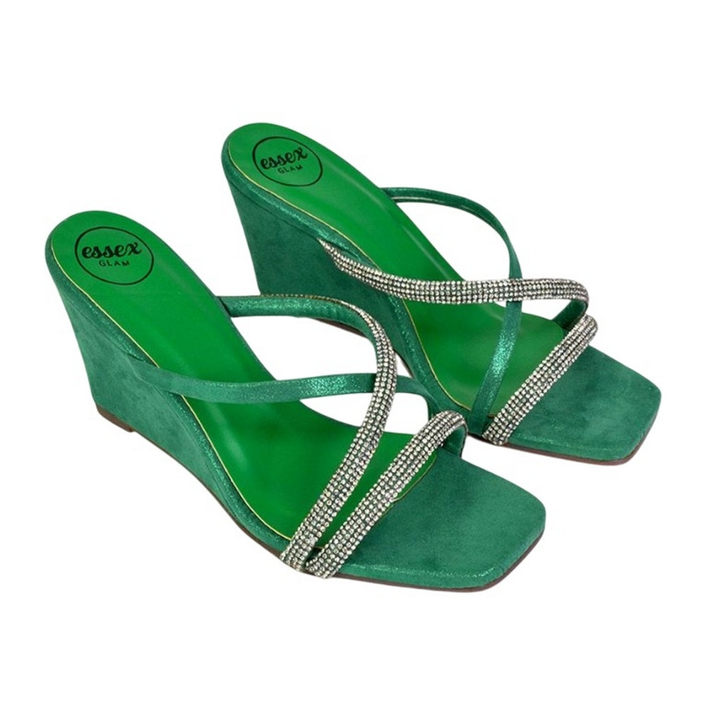 Green - Front - XY London Womens-Ladies Kinsley Diamante Square Toe Strappy Wedge Wedge