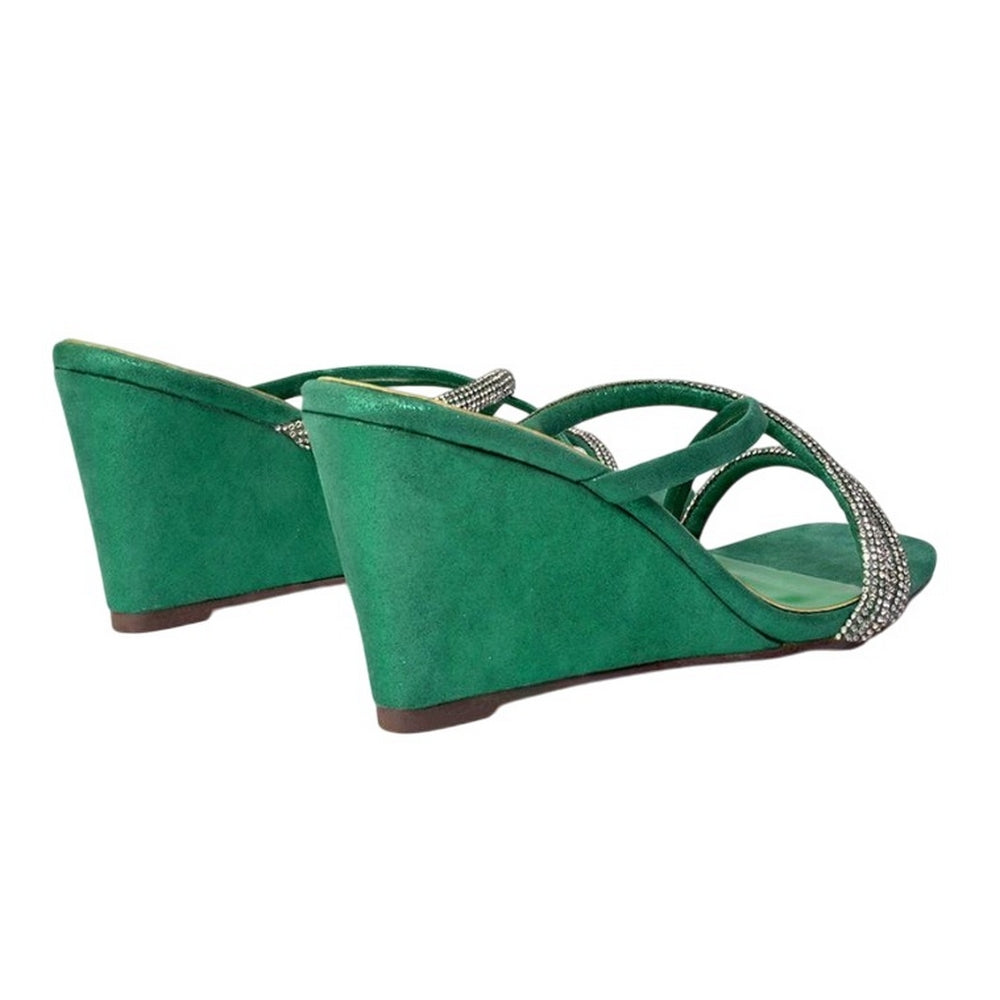 Green - Back - XY London Womens-Ladies Kinsley Diamante Square Toe Strappy Wedge Wedge