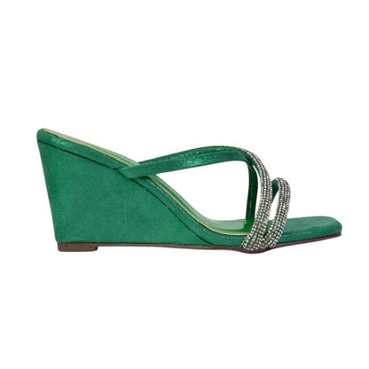 Green - Side - XY London Womens-Ladies Kinsley Diamante Square Toe Strappy Wedge Wedge
