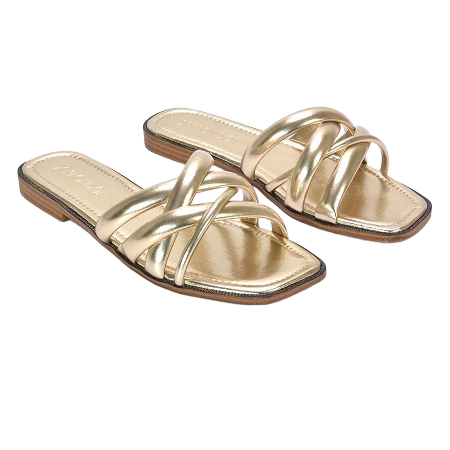 Gold - Side - XY London Womens-Ladies Fiona Metallic Strappy Flat Sandals