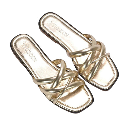 Gold - Pack Shot - XY London Womens-Ladies Fiona Metallic Strappy Flat Sandals