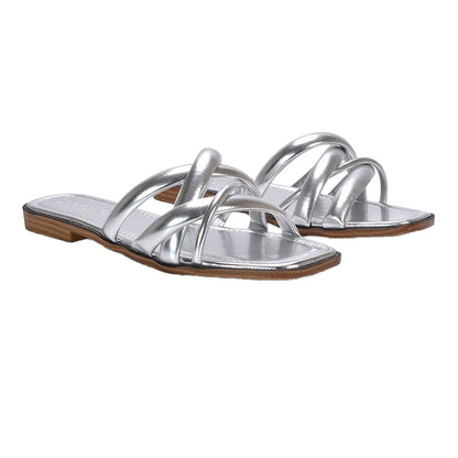 Silver - Front - XY London Womens-Ladies Fiona Metallic Strappy Flat Sandals