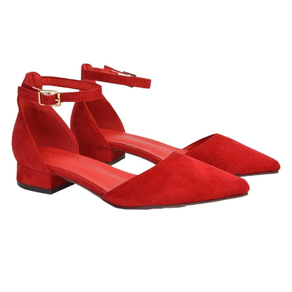 Red - Side - XY London Womens-Ladies Jenny Ankle Strap Low Heel Court Shoes